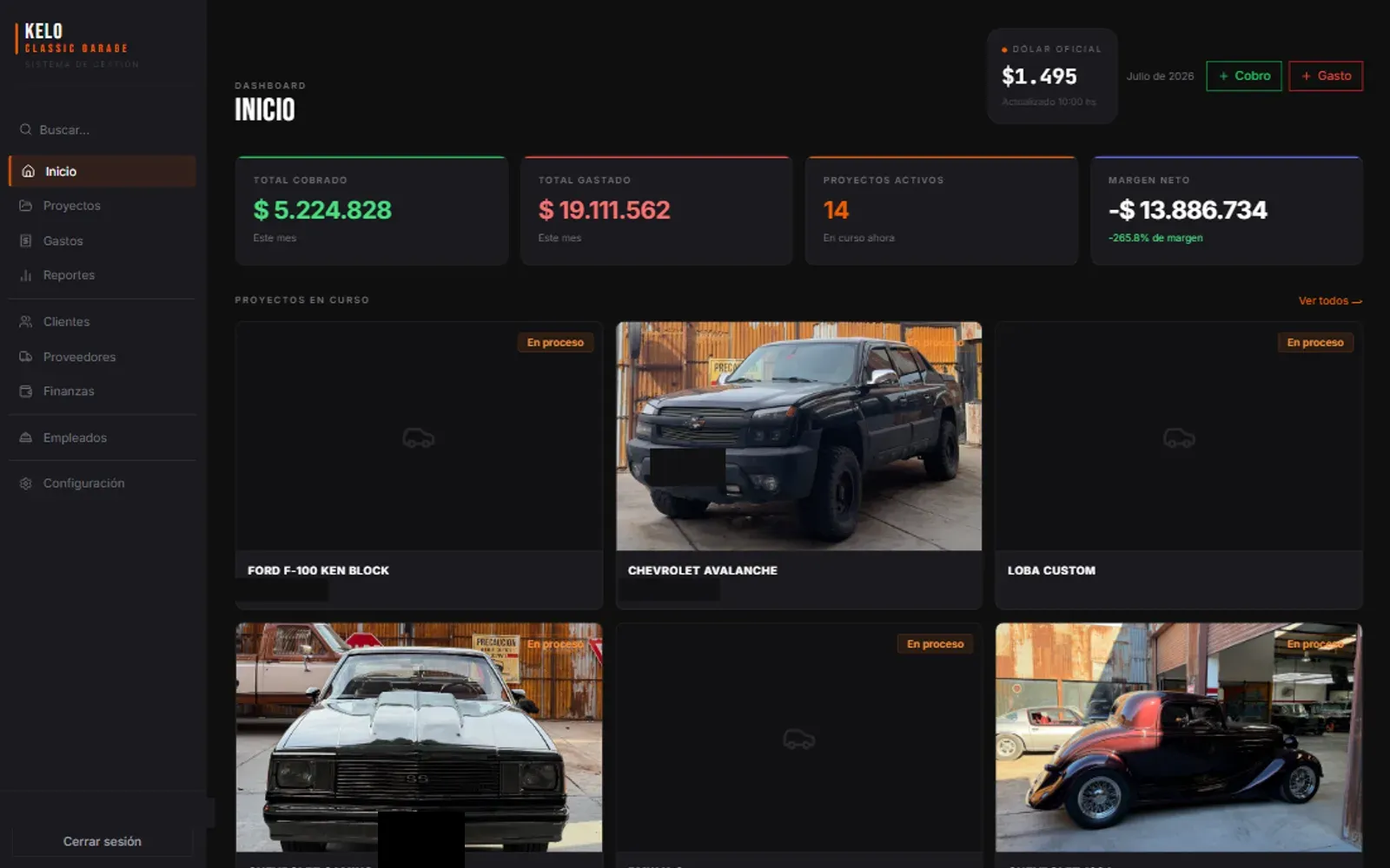 Dashboard for a classic car restoration shop showing in-progress projects and financial summary